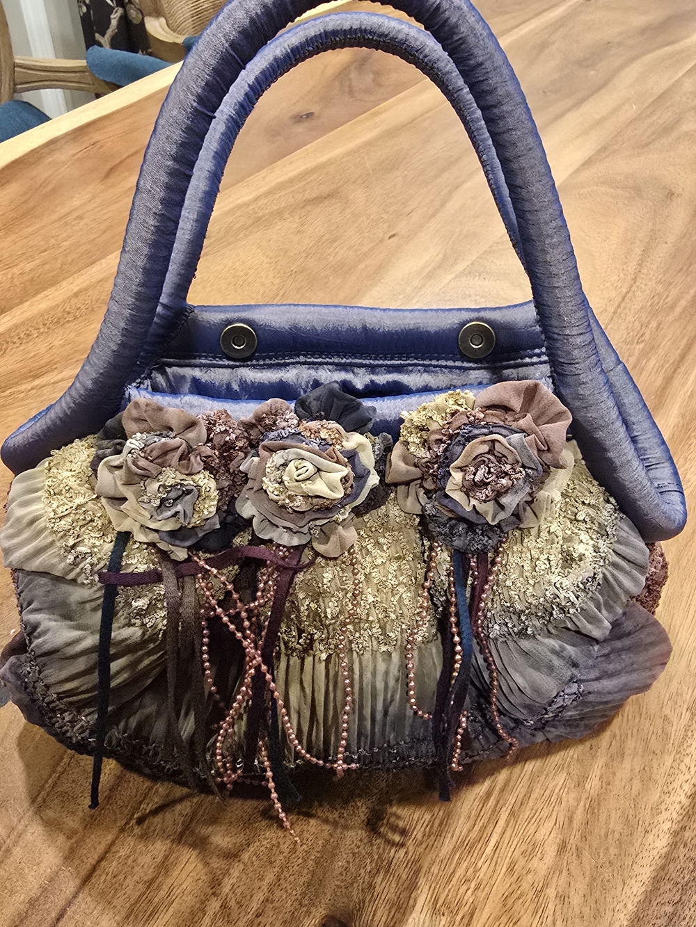Embellished Floral Appliqué Satchel - Blue and Taupe
